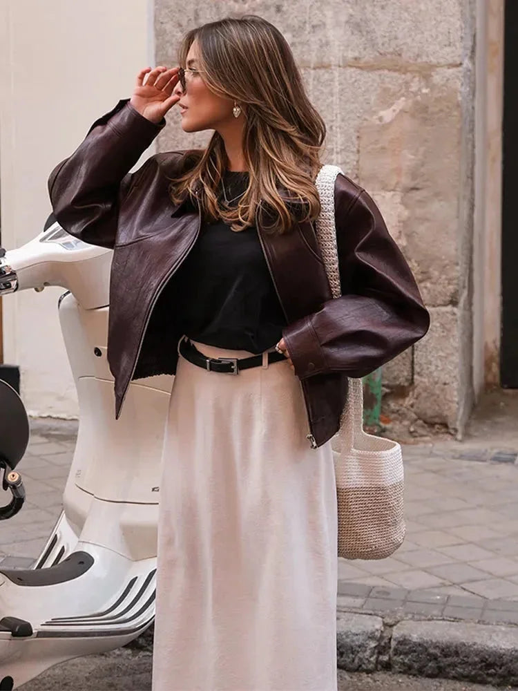 Women’s faux leather bomber jacket, elegant transitional jacket for autumn