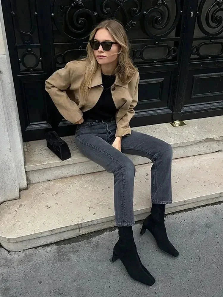 Blazer corto da donna in pelle scamosciata con tasche, giacca elegante di mezza stagione per l’autunno