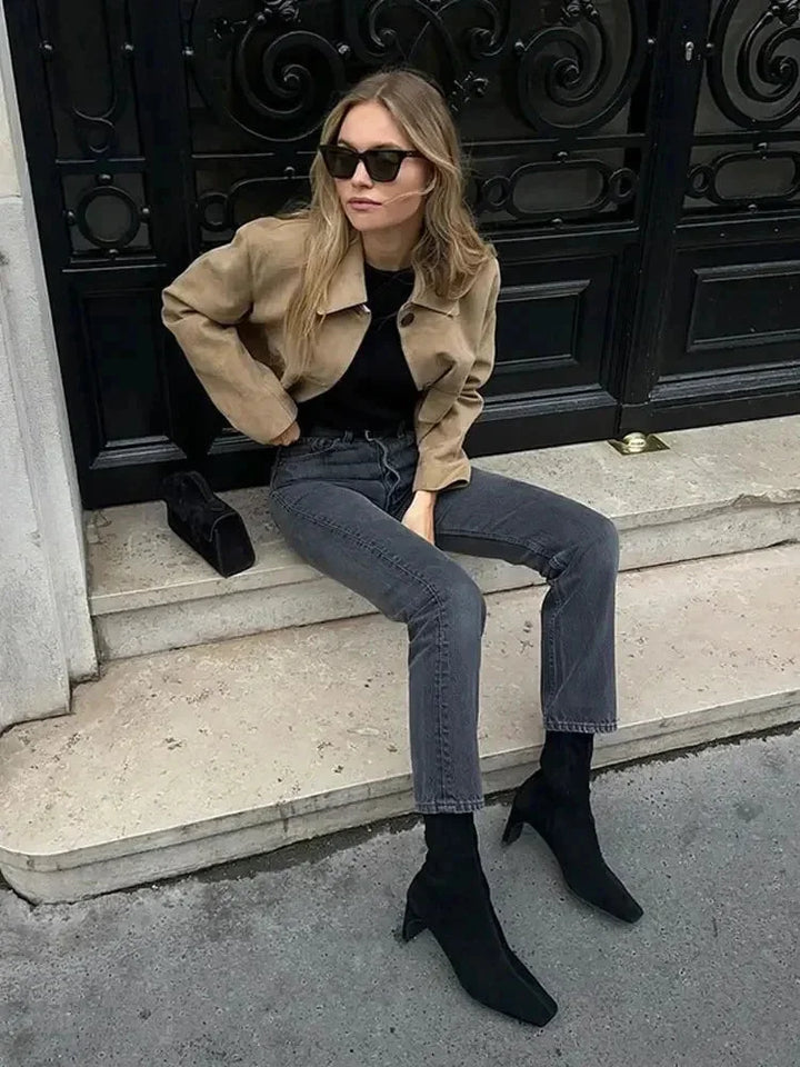 Blazer corto da donna in pelle scamosciata con tasche, giacca elegante di mezza stagione per l’autunno