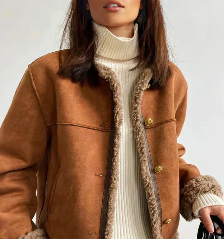Veste femme effet daim doublée sherpa, manteau court chaud à boutons pour l’automne-hiver