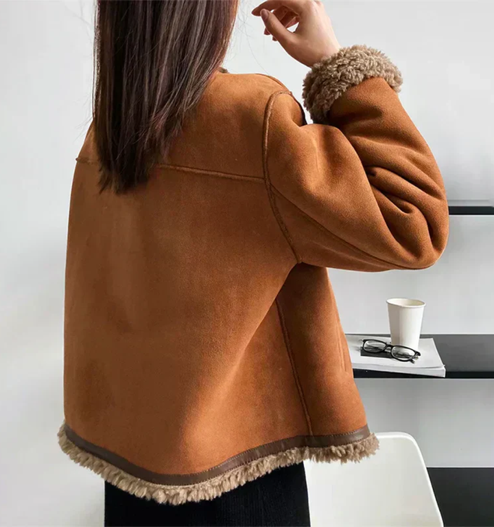 Veste femme effet daim doublée sherpa, manteau court chaud à boutons pour l’automne-hiver