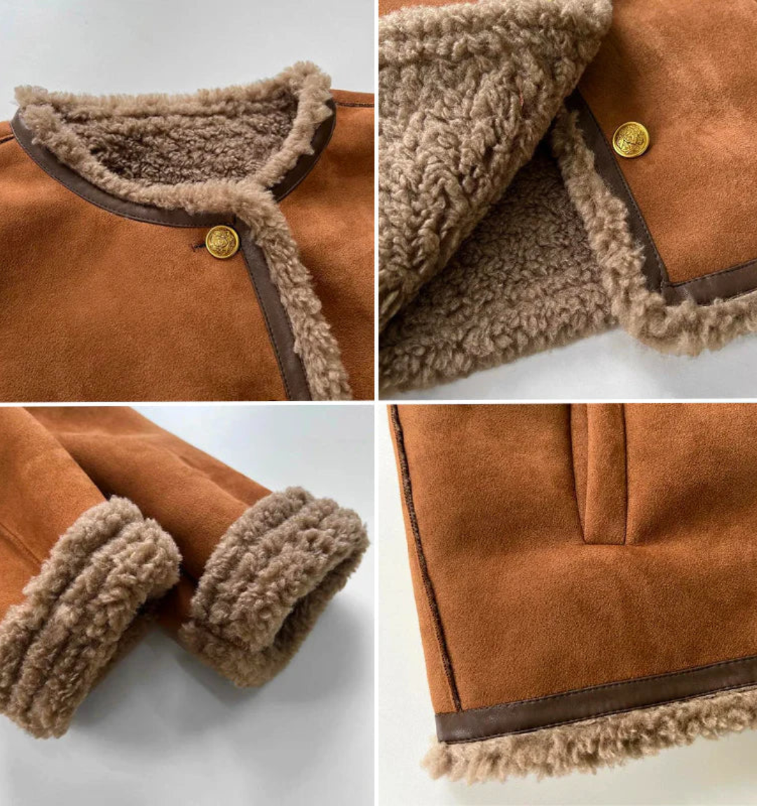 Veste femme effet daim doublée sherpa, manteau court chaud à boutons pour l’automne-hiver