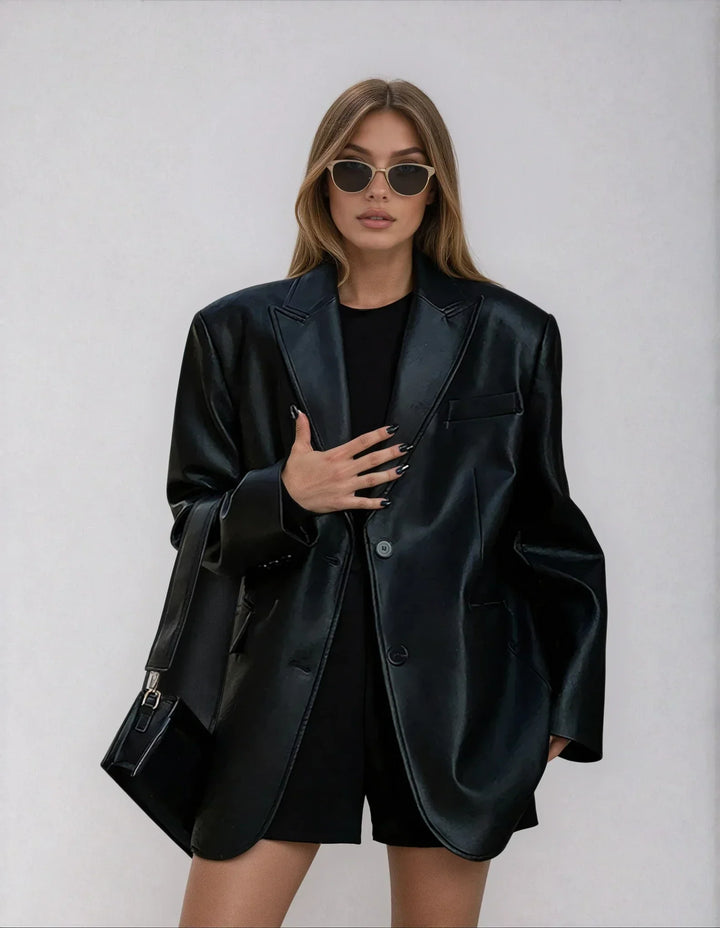Blazer oversize para mujer de cuero sintético con cuello
