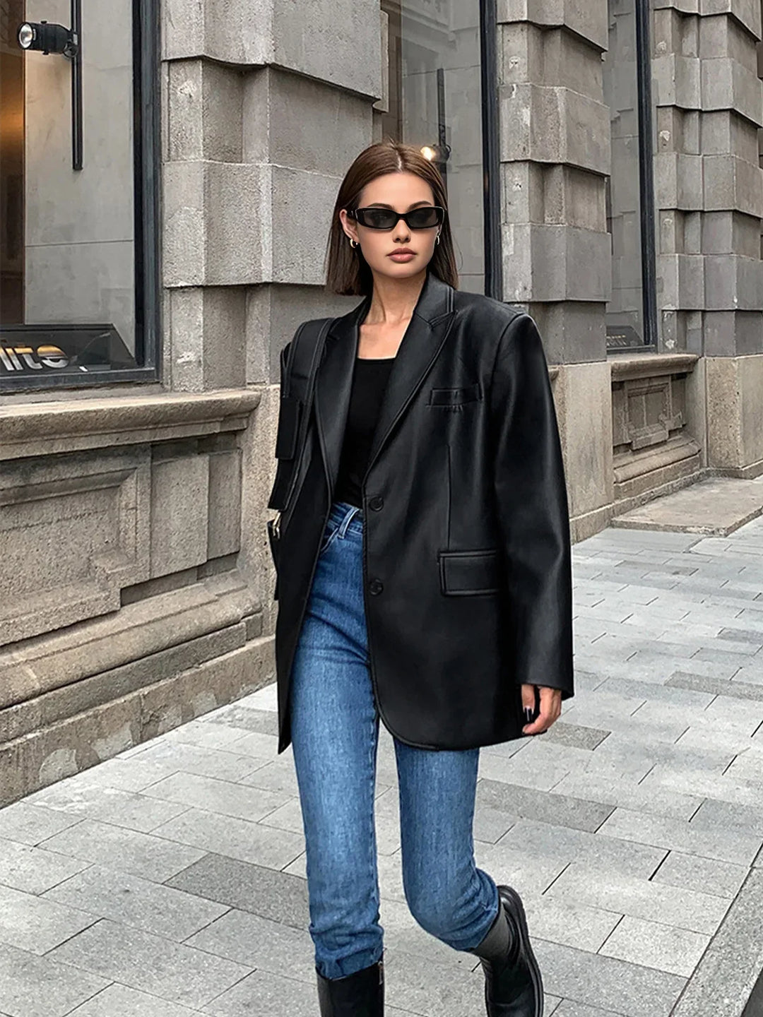 Blazer oversize para mujer de cuero sintético con cuello