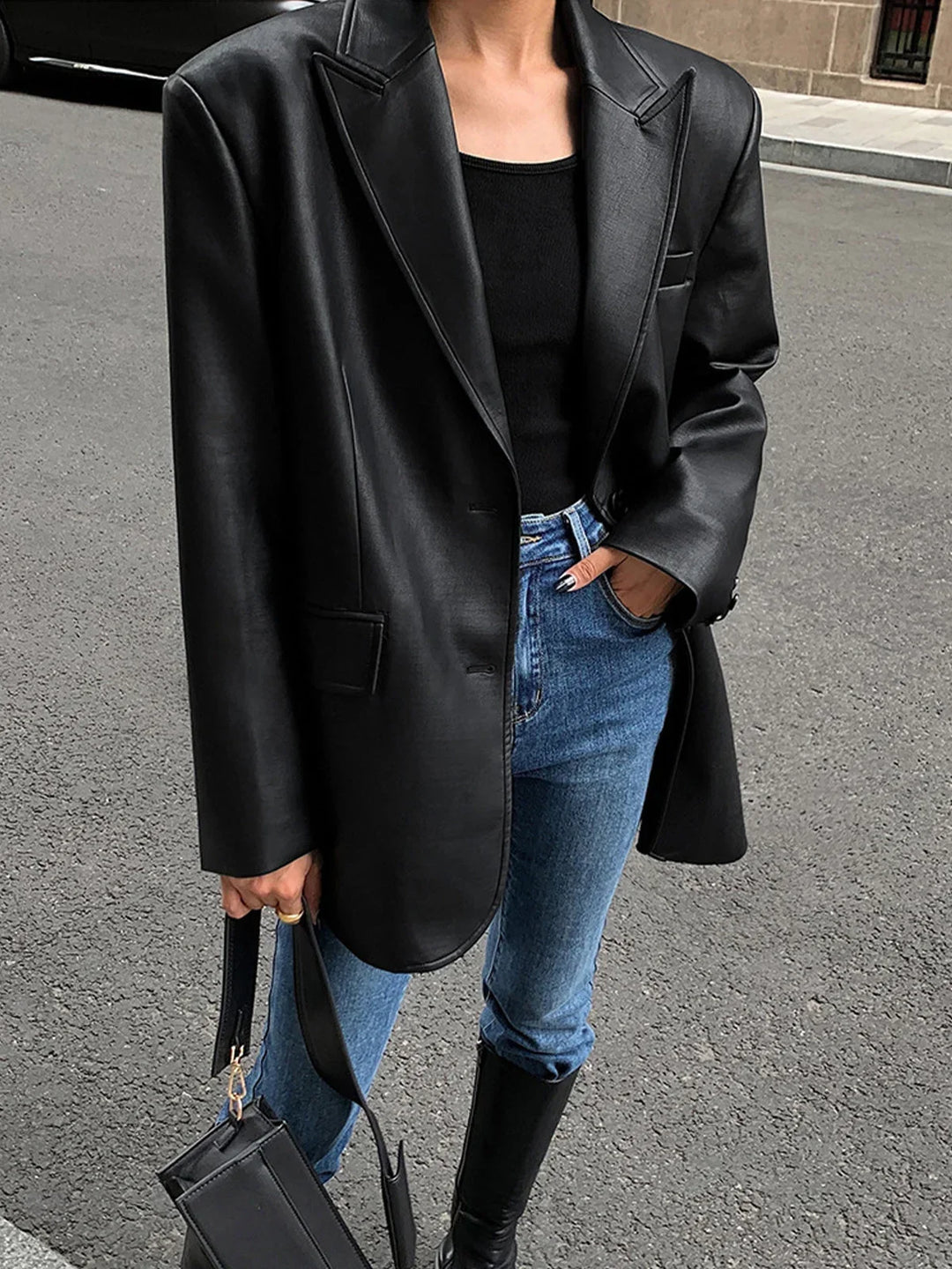 Blazer oversize para mujer de cuero sintético con cuello