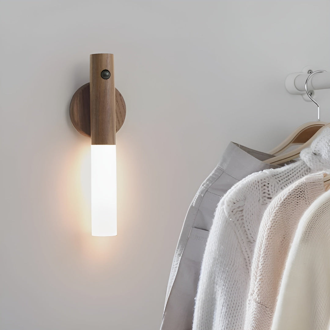 Applique da parete senza fili con sensore di movimento e accumulatore magnetico, in legno, per soggiorno e camera da letto