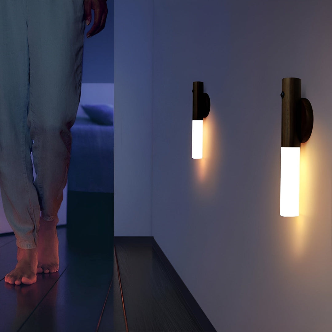 Applique da parete senza fili con sensore di movimento e accumulatore magnetico, in legno, per soggiorno e camera da letto