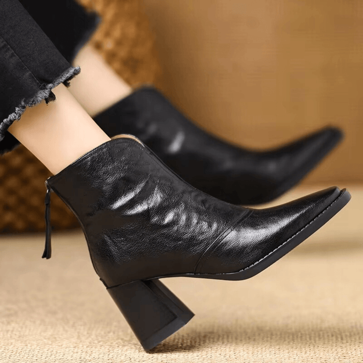 Bottines femme en cuir à talon carré, arrivant à la cheville, avec fermeture éclair, pour l’automne