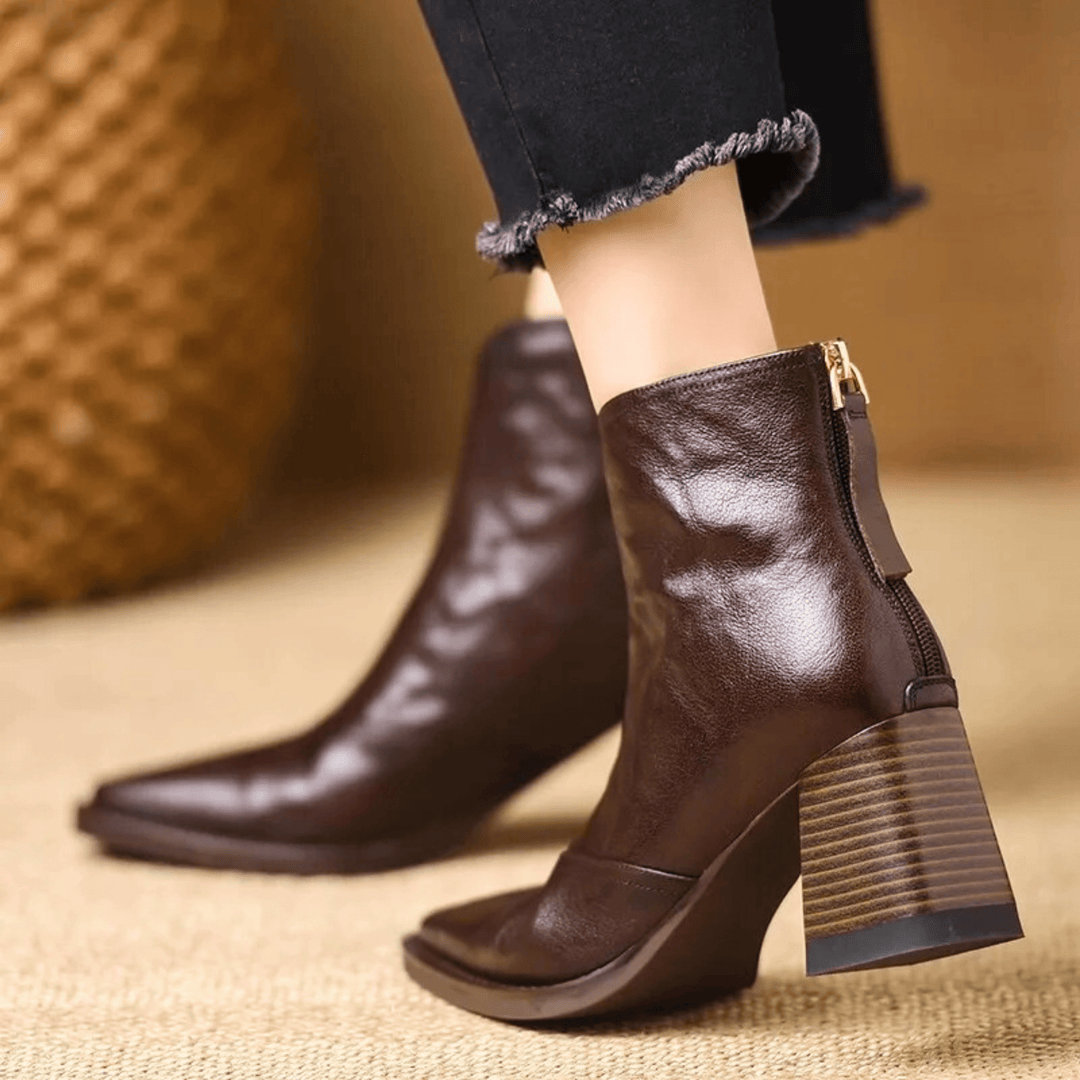 Bottines femme en cuir à talon carré, arrivant à la cheville, avec fermeture éclair, pour l’automne