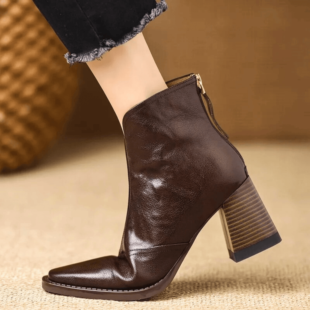 Bottines femme en cuir à talon carré, arrivant à la cheville, avec fermeture éclair, pour l’automne