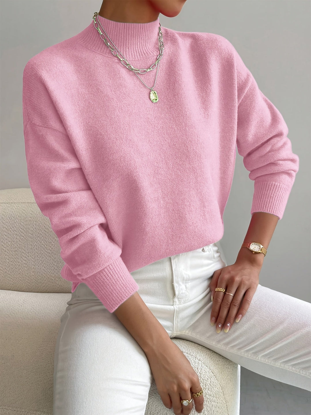 Pull femme en maille côtelée à col montant, manches longues pour l’automne, coupe décontractée