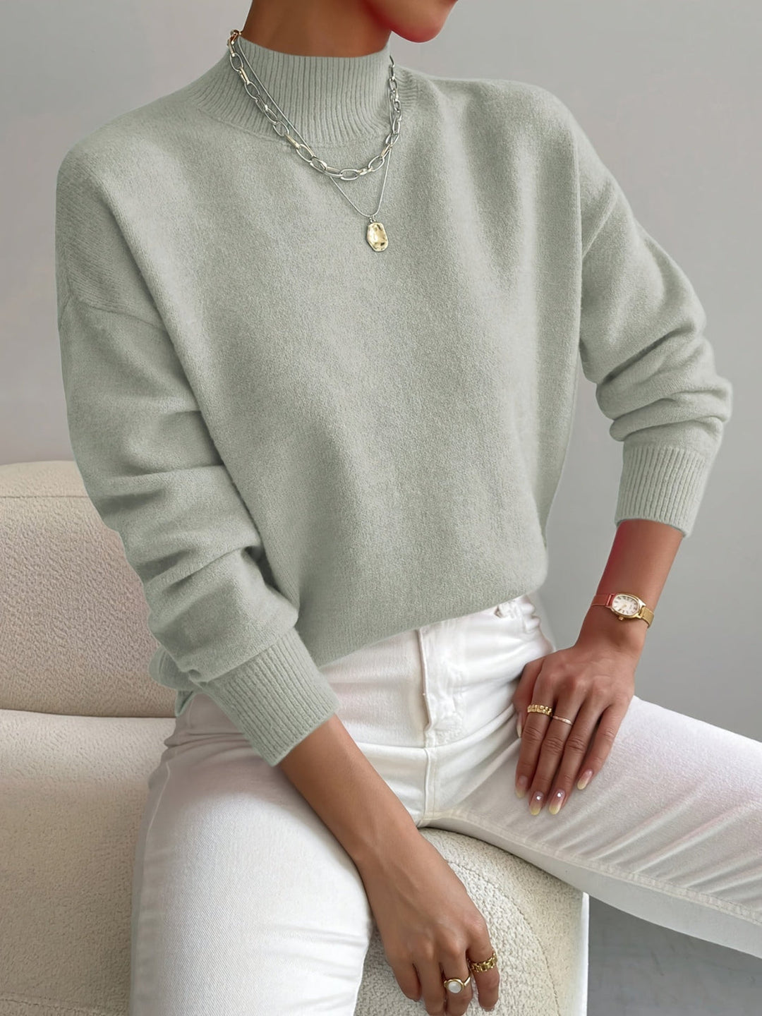 Pull femme en maille côtelée à col montant, manches longues pour l’automne, coupe décontractée