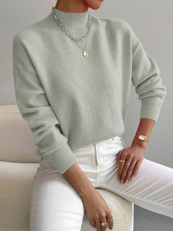Pull femme en maille côtelée à col montant, manches longues pour l’automne, coupe décontractée