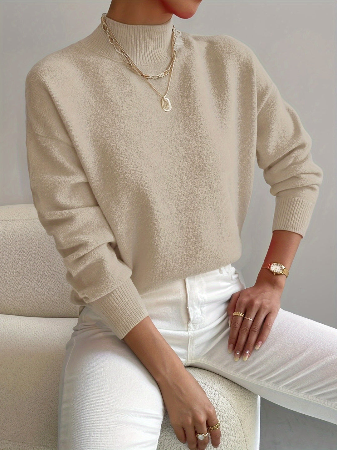Pull femme en maille côtelée à col montant, manches longues pour l’automne, coupe décontractée