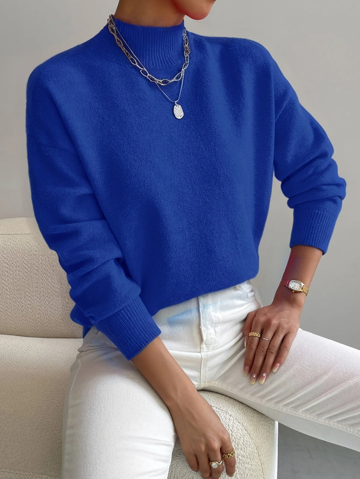 Pull femme en maille côtelée à col montant, manches longues pour l’automne, coupe décontractée