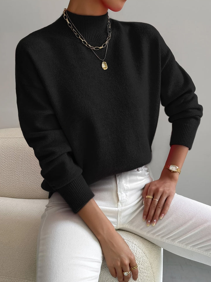 Pull femme en maille côtelée à col montant, manches longues pour l’automne, coupe décontractée