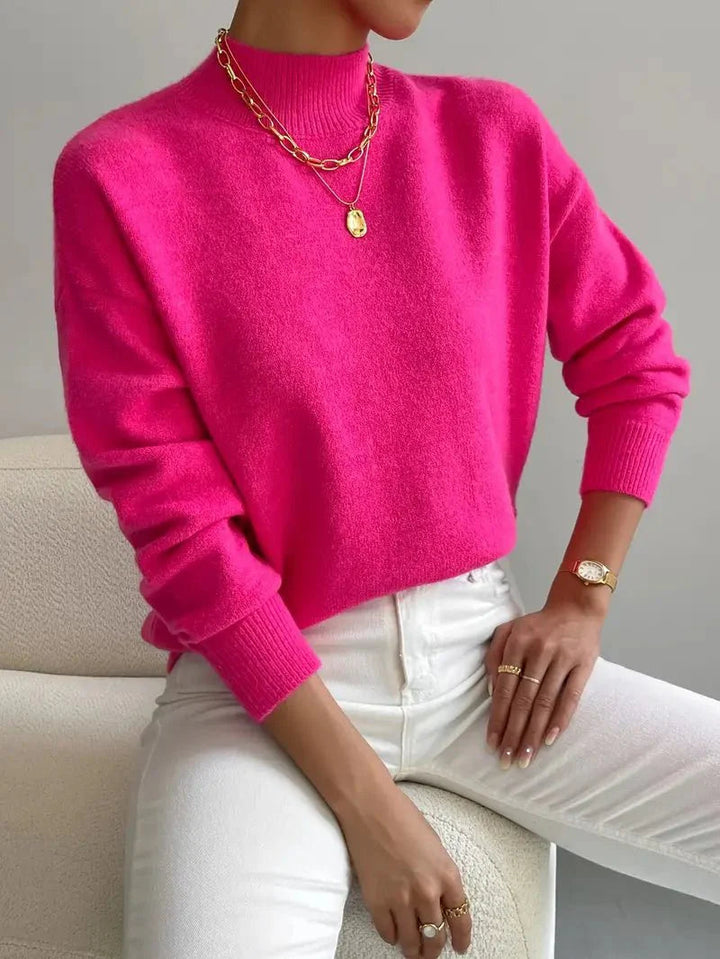 Pull femme en maille côtelée à col montant, manches longues pour l’automne, coupe décontractée