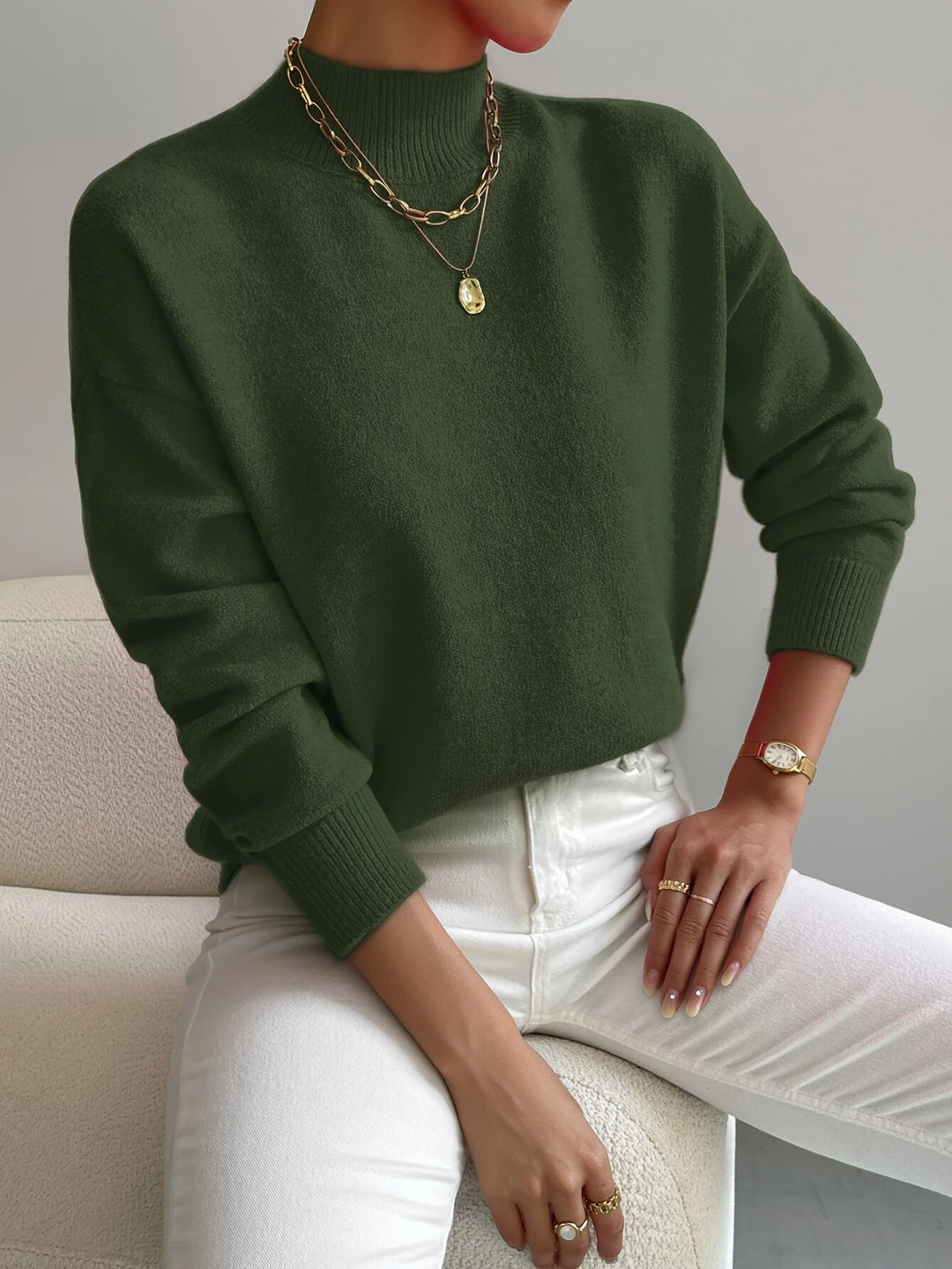 Pull femme en maille côtelée à col montant, manches longues pour l’automne, coupe décontractée