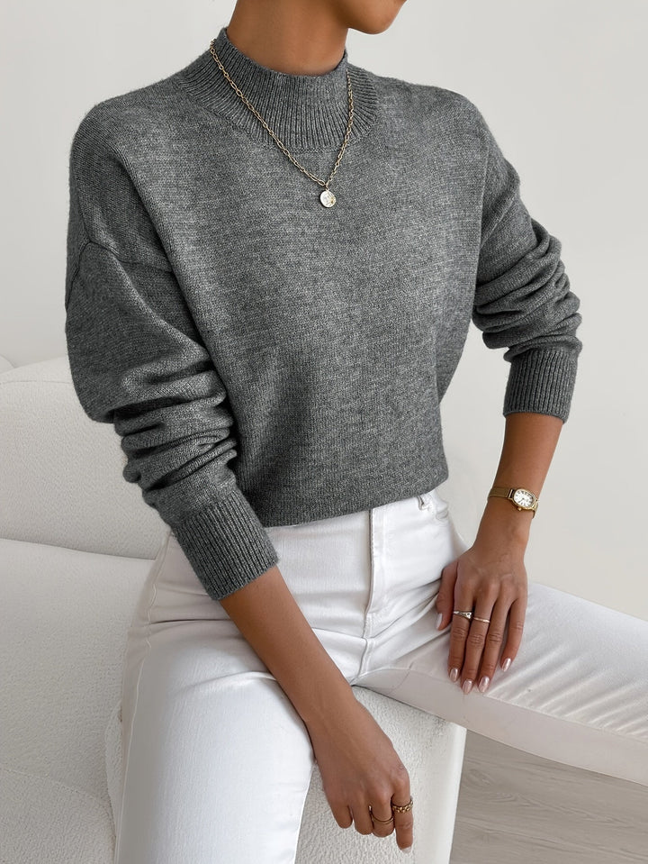 Pull femme en maille côtelée à col montant, manches longues pour l’automne, coupe décontractée