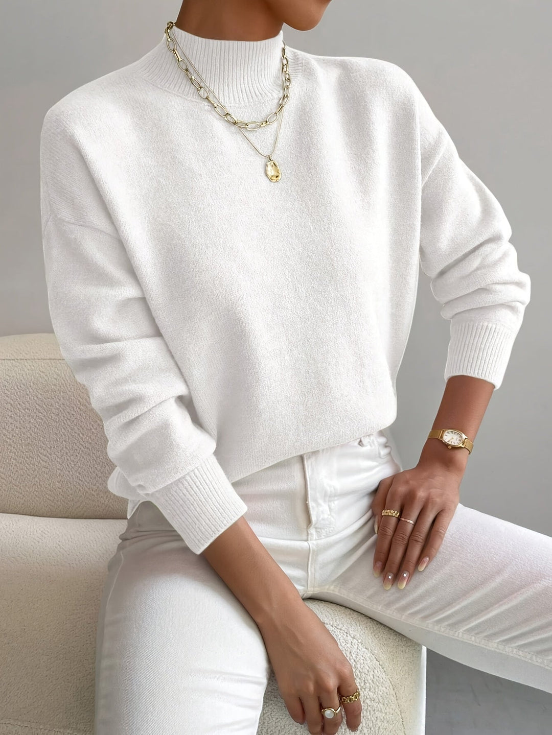 Pull femme en maille côtelée à col montant, manches longues pour l’automne, coupe décontractée