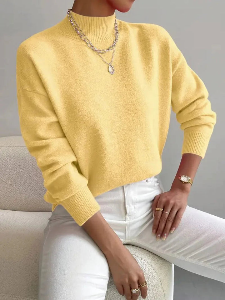 Pull femme en maille côtelée à col montant, manches longues pour l’automne, coupe décontractée
